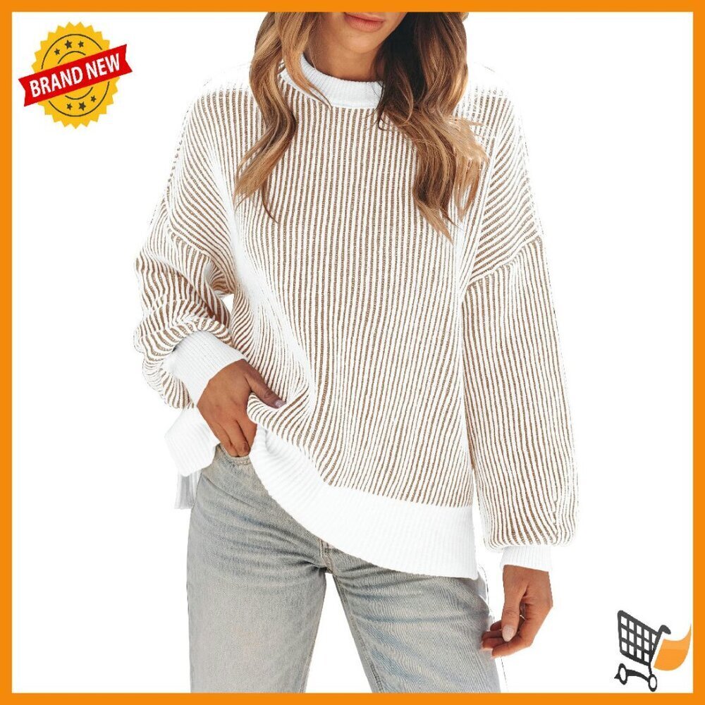Oversized Batwing Sleeve Striped Pullover Sweater - Soft Knit Material